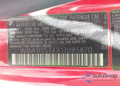 2001 BMW 330Ci from USA, damaged, VIN WBABS534X1JU85870